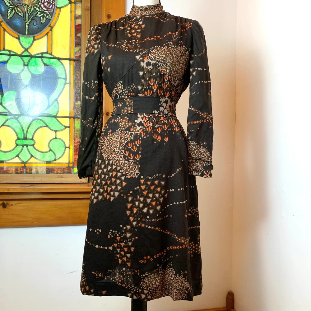 Black & Rust Patterned Midi Dress - High Neck, Long Sleeve